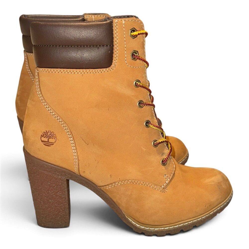 Timberland Tillston 6” High Heel Wheat Nubuck Boots Womens Sz 7